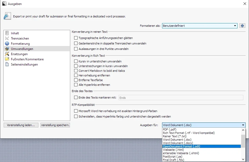 Bildausschnitt der Scrivener Exportfunktion