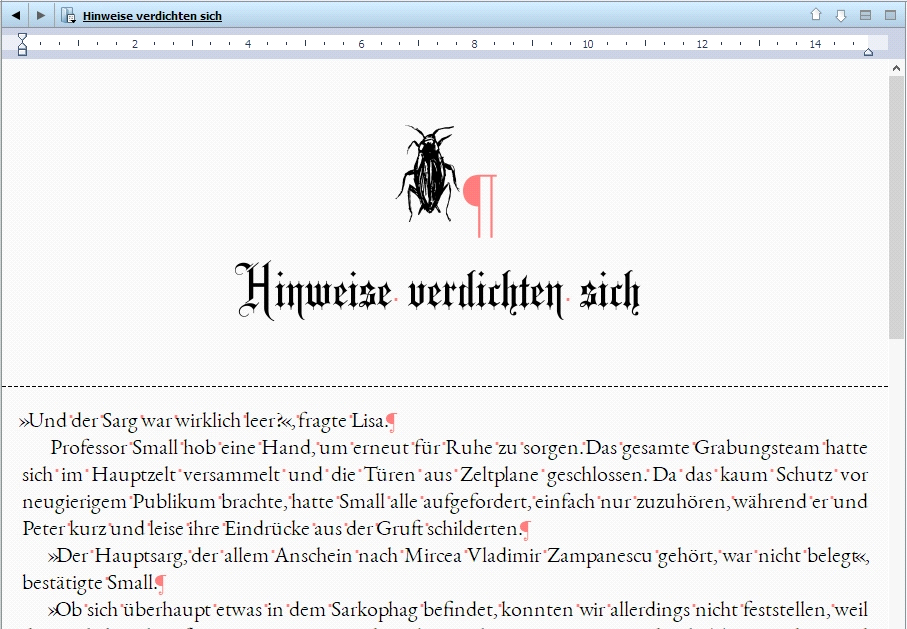 Ausschnitt aus Scrivener. Beispiel Textdarstellung