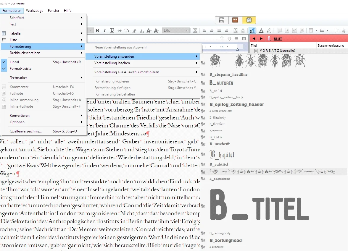 Formatvorlagen bei Scrivener