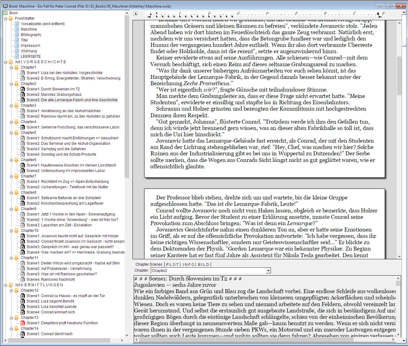 Das Hauptfenster von WriteWay mit Inhaltsverzeichnis, Texteditor und konfigurierbaren Info-Tabs.