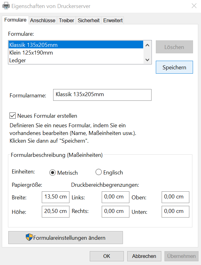 Neues Formular erstellen in Windows Druckerserver Eigenschaften