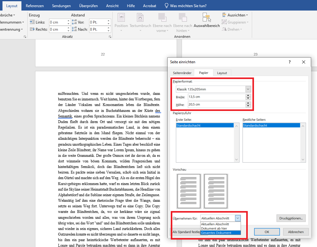 Papierformate in Word über das Layout-Format-Menü für gesamtes Dokument übernehmen