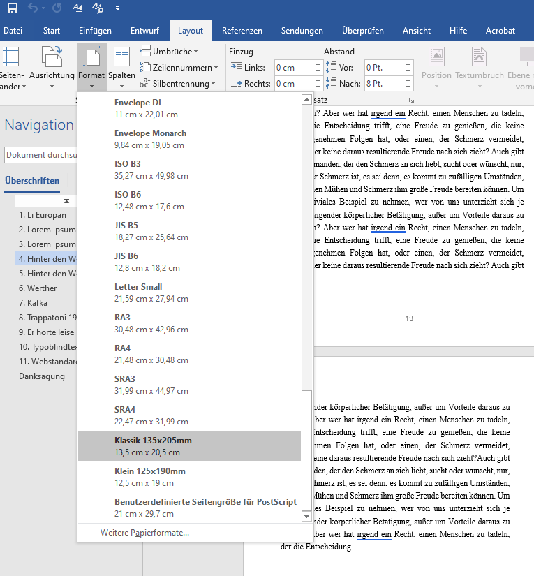 Benutzerdefiniertes Format in Word im Layout-Menü auswählen