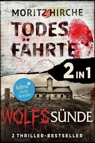 Buchcover Todesfährte und Wolfssünde: zweigeteiltes Cover mit blutigem Fingerabdruck oben und grauem Haus unten