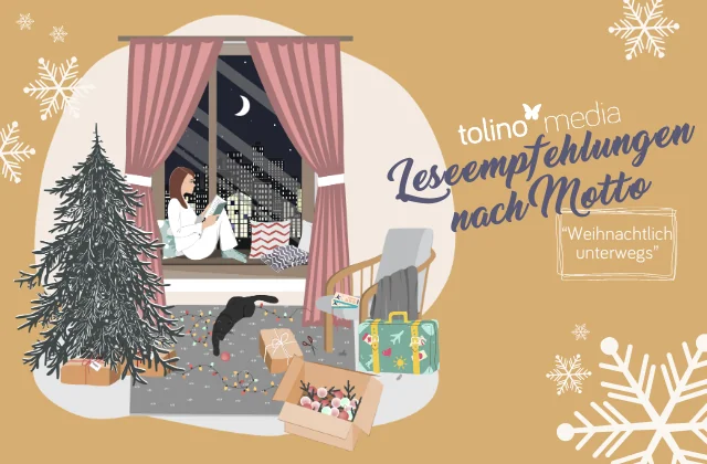 Grafik von einer Frau, die vor einem Fenster und neben einem Weihnachtsbaum und Geschenken sitzt