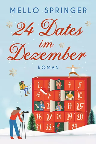 hellblaues Cover mit einem roten Adventskalender aus dessen Türchen Menschen schauen