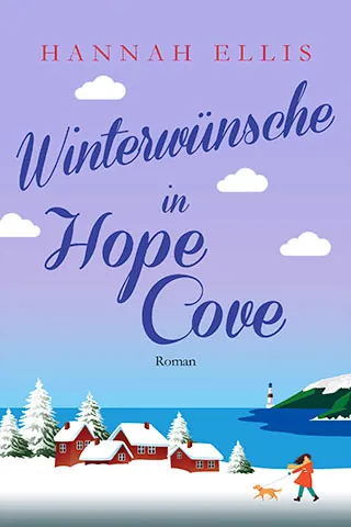 Buchcover: Eine verschneite Küste mit Häusschen und Spaziergänger*in mit Hund