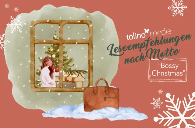 roter Hintergrund mit weißen Schneeflocken und grünem Fleck, auf den ein Holzfenster, ein Weihnachtsbaum und ein Mädchen zu sehen sind sowie die Schrift "Bossy Christmas"