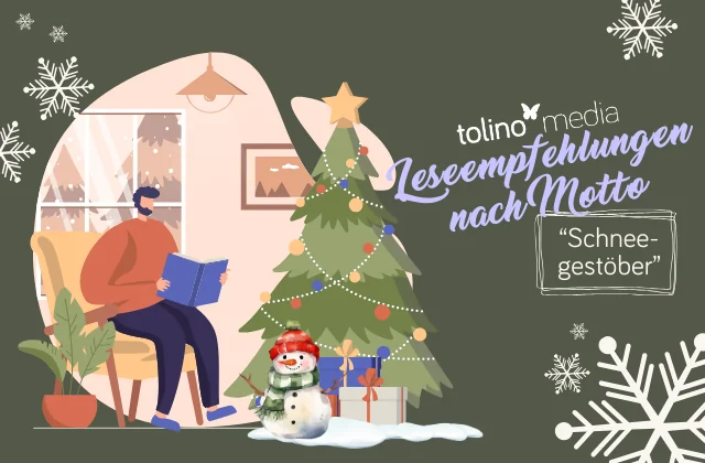 Man liest Buch nebem Weihnachtsbaum und Schneemann