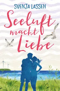 Cover mit Pastellwellen von "Seeluft macht Liebe" mit einer Pärchensilhouette auf saftig-grünem Gras und Meer