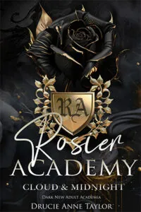 schwarzes Cover von "rosier Academy" mit goldenem Wappen, Ranken und einer schwarzen Rose