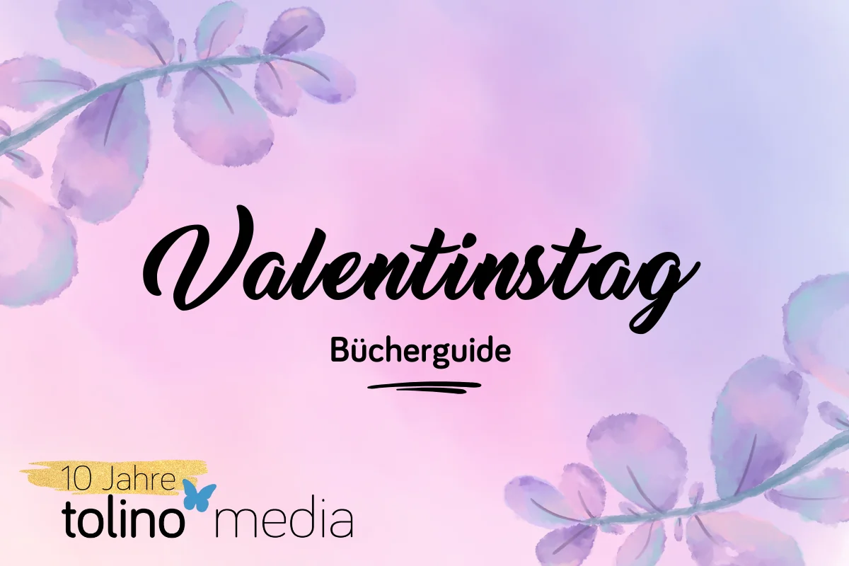 Blogbeitragsbild zum Valentinstags-Bücherguide in rosa gehalten mit lila Blütenblättern