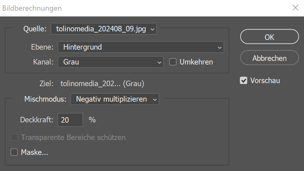 Bildschirmfoto Photoshop: Bildberechnungen>Mischmodus Negativ muliplizieren > Deckkraft 20 Prozent