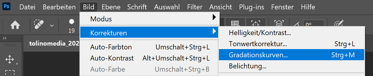 Bildschirmfoto Photoshop: Reiter Bild>Korrekturen>Gradationskurven