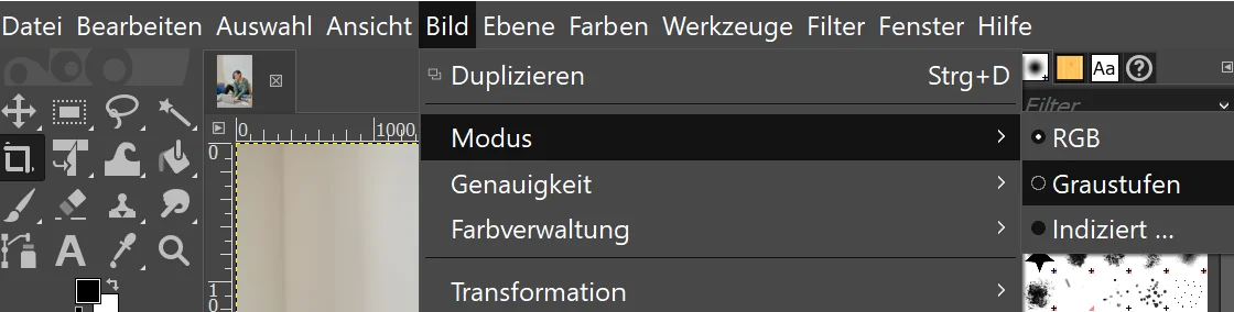 Gimp: Bild> Modus> Graustufen