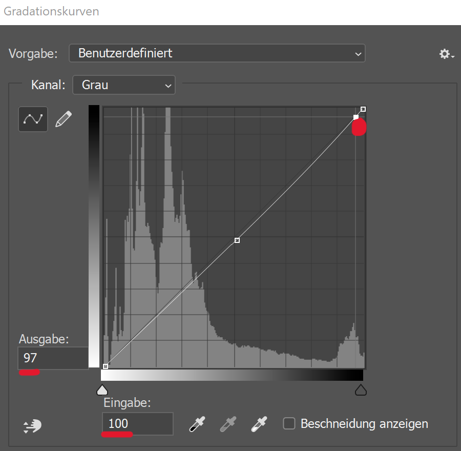 Bildschirmfoto Photoshop: Gradationskurve oben eingestellt bei 97-100