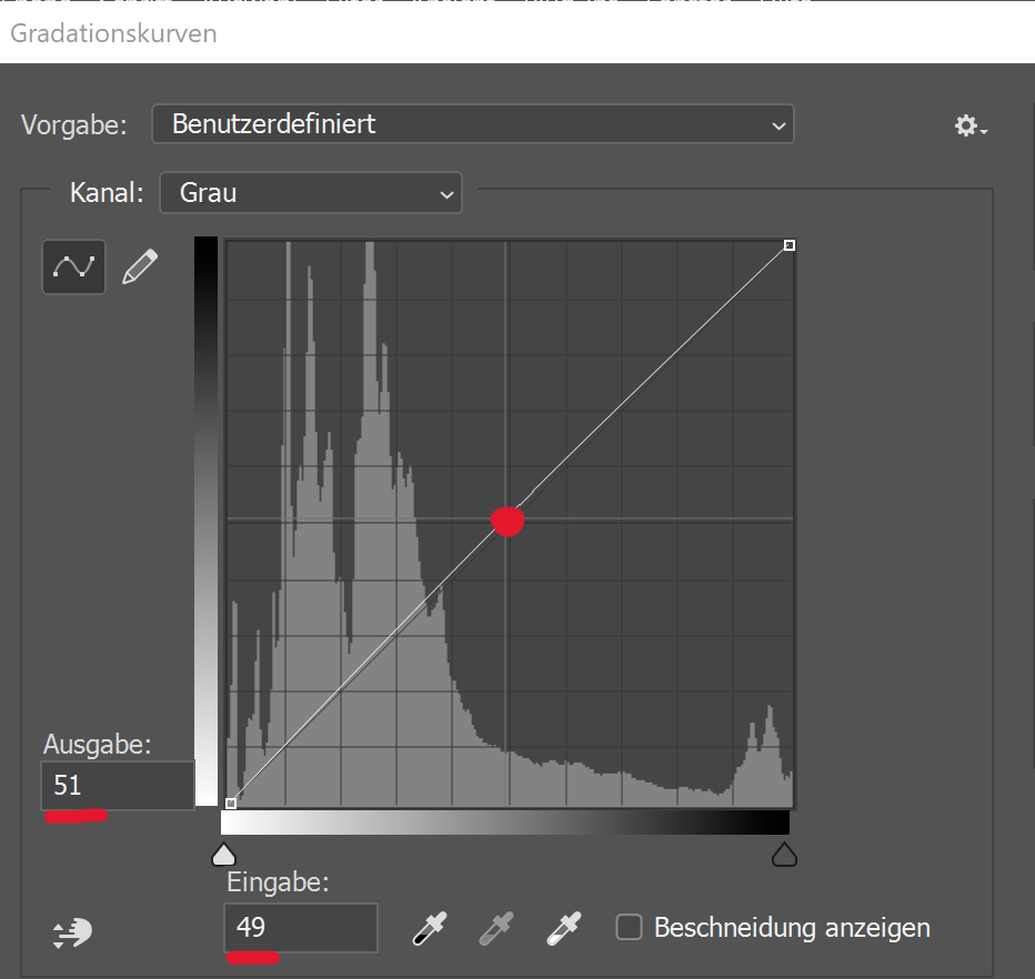 Bildschirmfoto Fotoshop: Gradationskurve Mitte des Felds auf 49 und 51